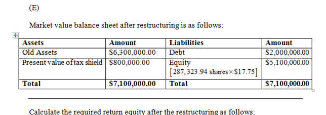 (E) Market value balance sheet after restructuring is as follows: Assets Amount Old Assets $6,300,000.00 Present value of tax