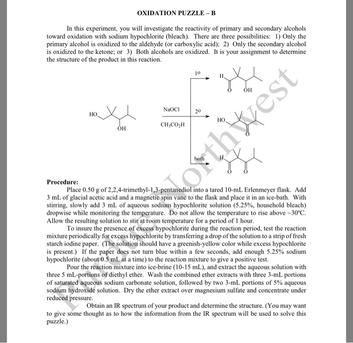 Solved OXIDATION PUZZLE-B In this experiment, you will | Chegg.com