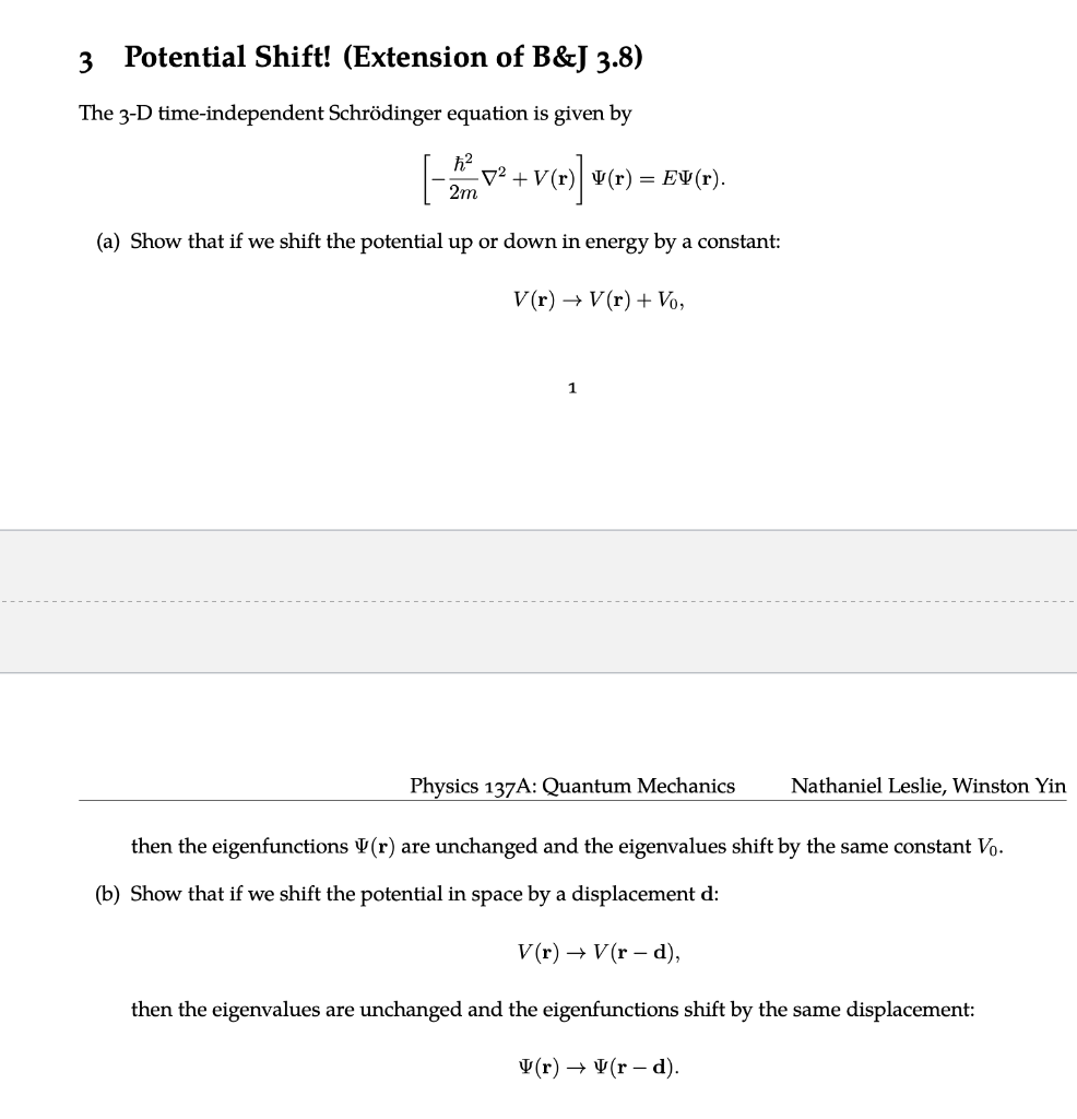 solved question is based on the diagram below: the... Solved 3 Potential Shift! (Extension of B&J 3.8) The 3-D | Chegg.com