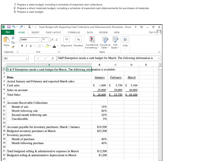 Solved 1. Prepare a sales budget, including a schedule of | Chegg.com