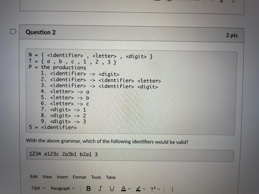 Solved U Question 2 2 Pts 9 N = { , } T = { A, B, | Chegg.com