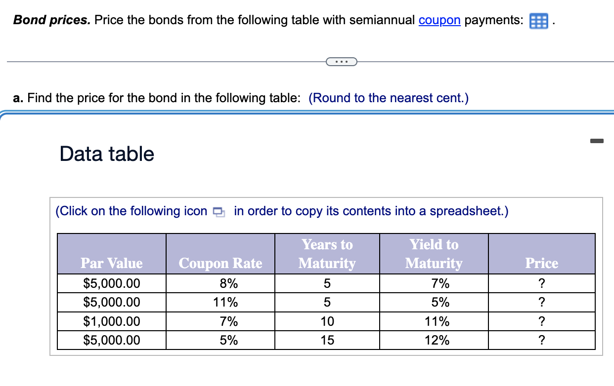 Solved Bond Prices. Price The Bonds From The Following Table | Chegg.com