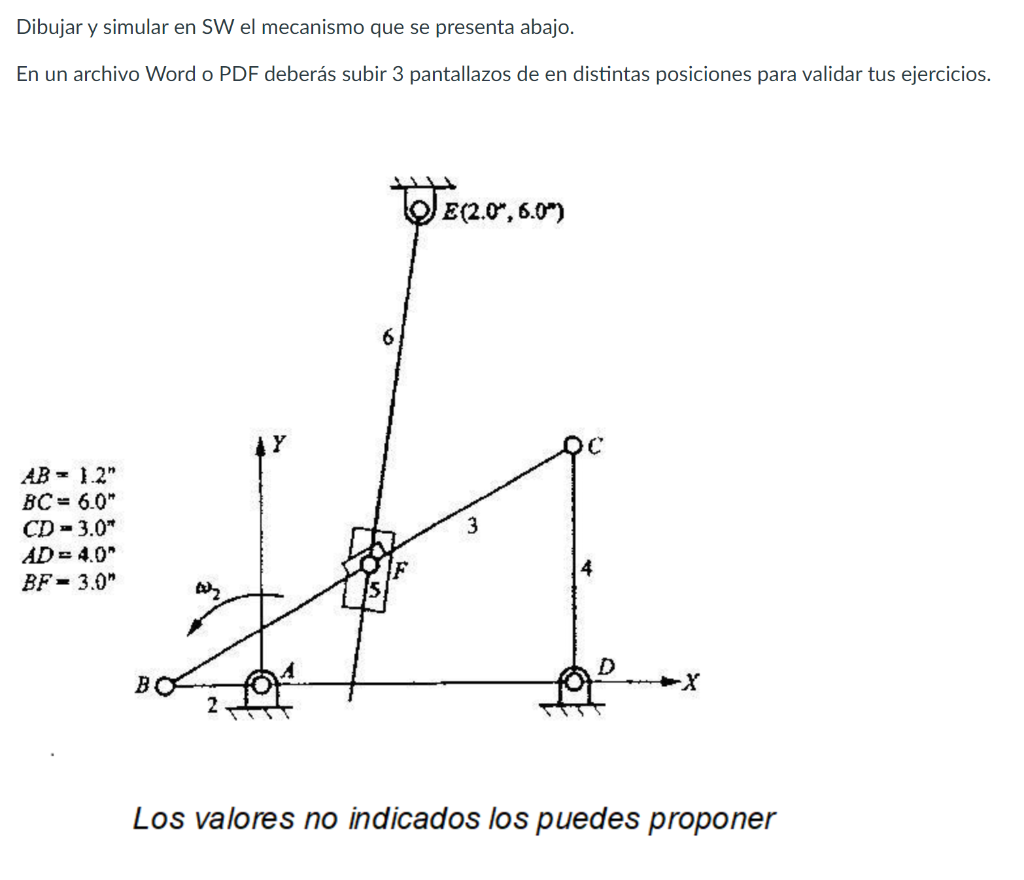 Dibujar y simular en SW el mecanismo que se presenta abajo. En un archivo Word o PDF deberás subir 3 pantallazos de en distin