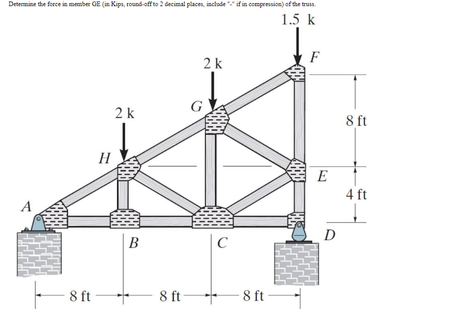 Solved Determine the force in member GE in Kips, round-off | Chegg.com