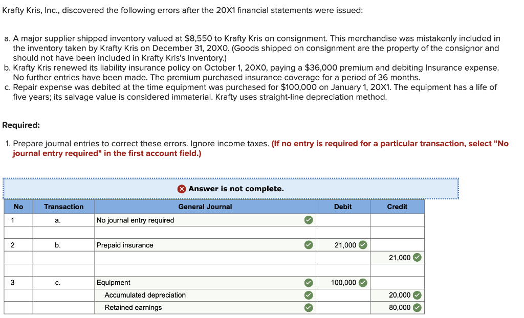 Solved Krafty Kris, Inc., discovered the following errors | Chegg.com