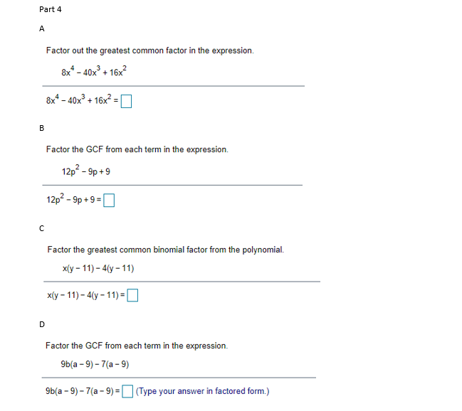 Solved Part 4 A Factor out the greatest common factor in the | Chegg.com