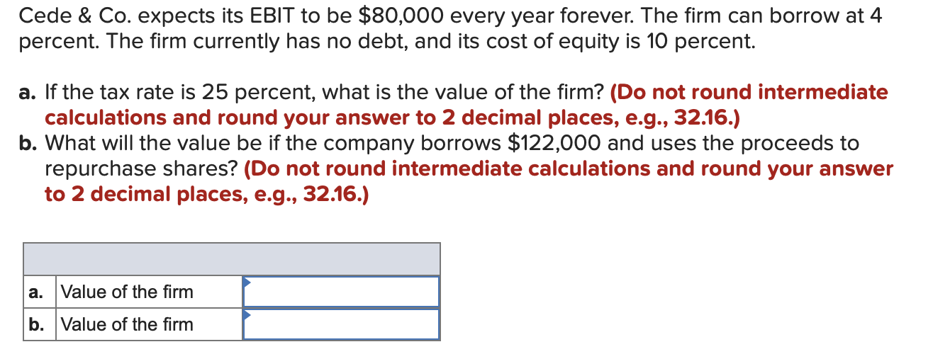 Solved Cede & Co. expects its EBIT to be 80,000 every year