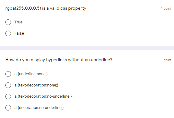 Solved rgba(255,0,0,0.5) is a valid css property 1 point | Chegg.com