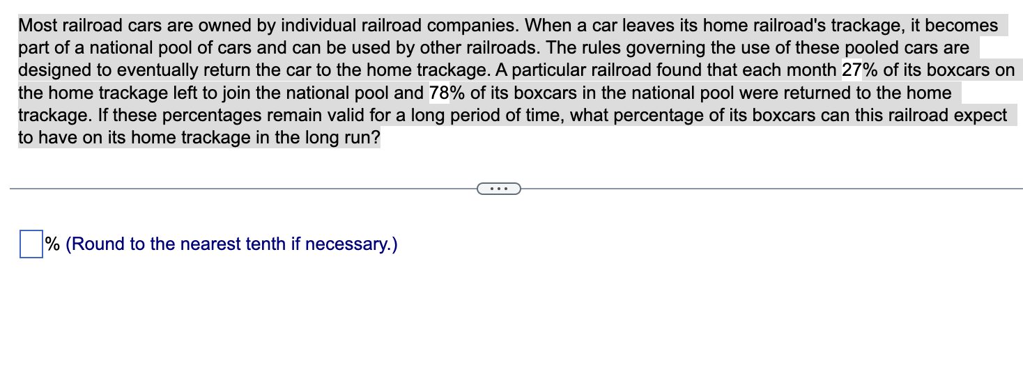 Solved Most railroad cars are owned by individual railroad | Chegg.com