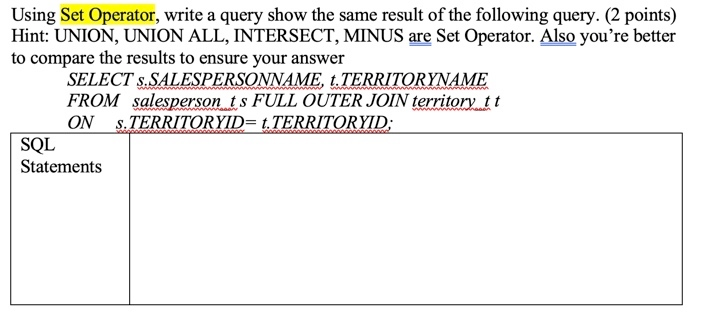Solved Using Set Operator, write a query show the same | Chegg.com