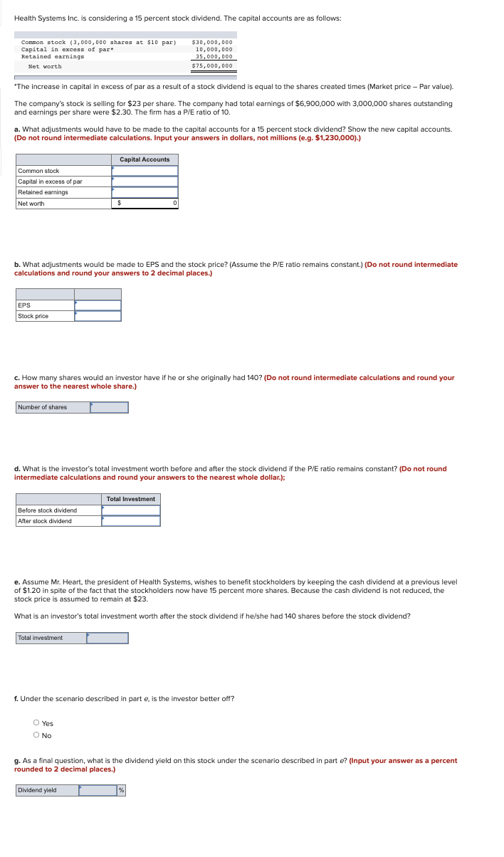 Solved Health Systems Inc. is considering a 15 percent stock | Chegg.com