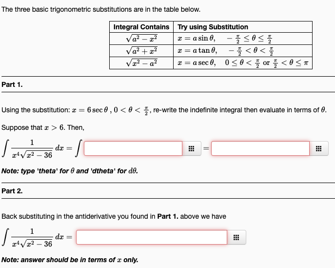 Solved The Three Basic Trigonometric Substitutions Are In | Chegg.com