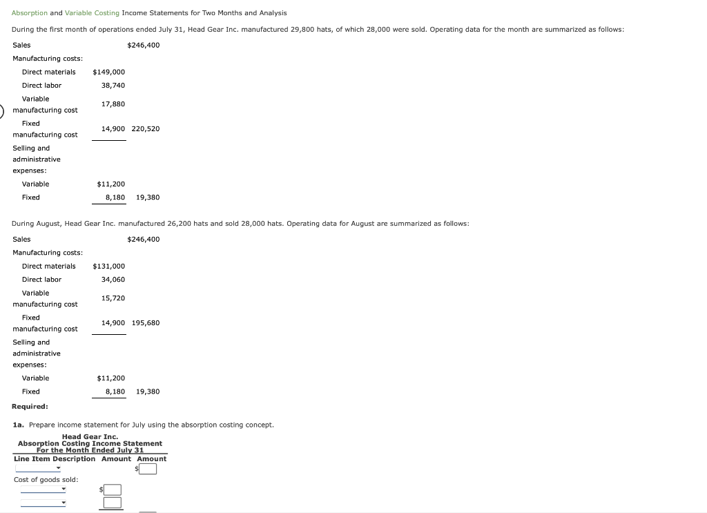 Solved Absorption And Variable Costing Income Statements For 5186