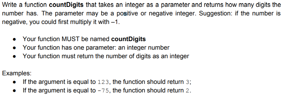 Solved Write a function countDigits that takes an integer as | Chegg.com