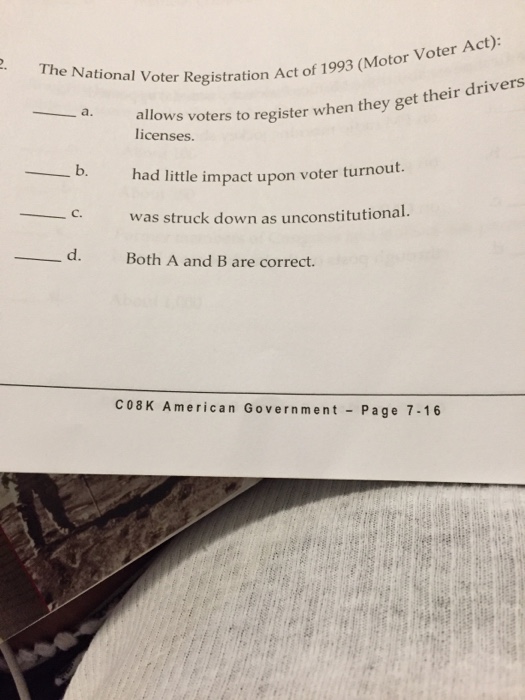 Solved onal Voter Registration Act of 1993 (Motor Vote er