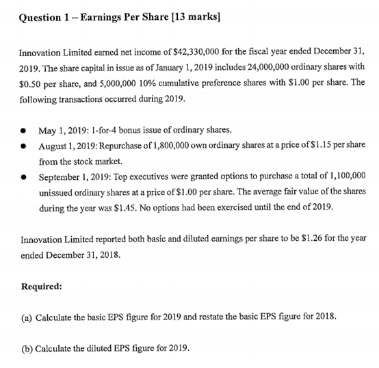 Solved Question 1 - Earnings Per Share [13 marks] Innovation | Chegg.com