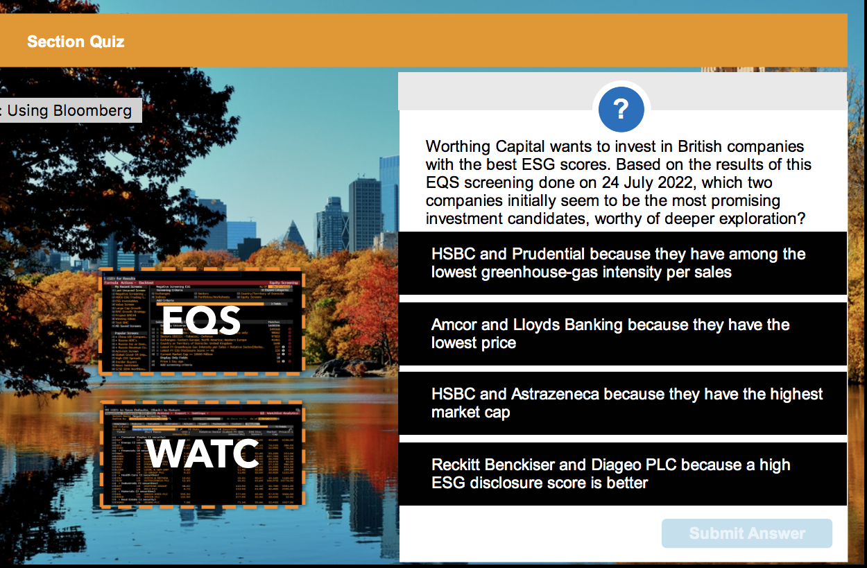 Worthing Capital wants to invest in British companies with the best ESG scores. Based on the results of this EQS screening do