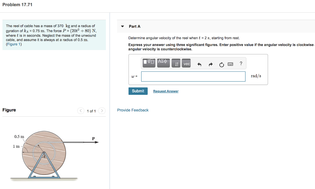 Solved Problem 17.71 The reel of cable has a mass of 370 kg | Chegg.com