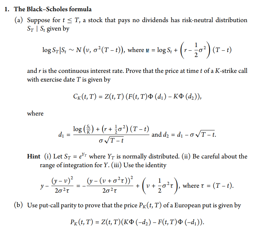1 The Black Scholes Formula A Suppose For T T A Chegg Com