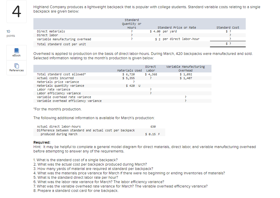 Solved Prepare a standard cost card for the company's