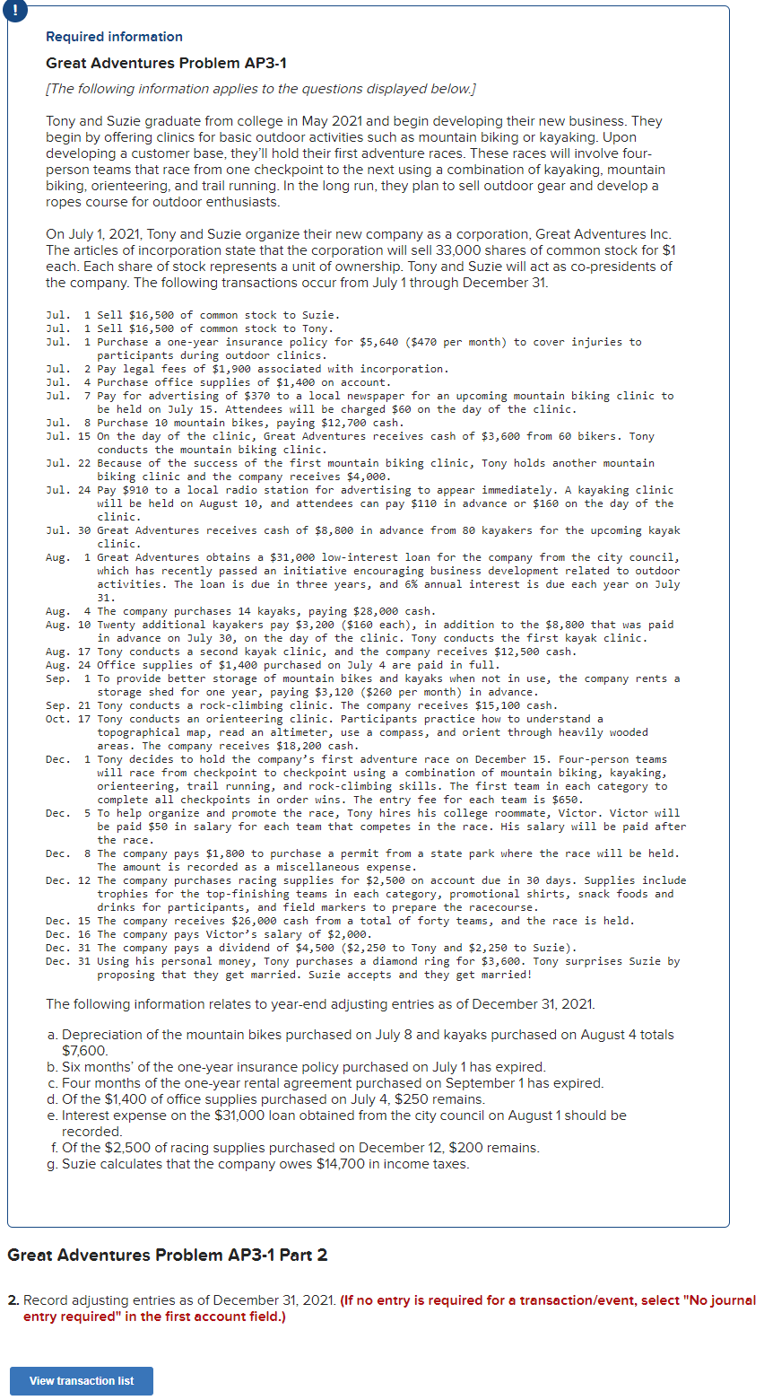 Solved Required information Great Adventures Problem AP3-1 | Chegg.com