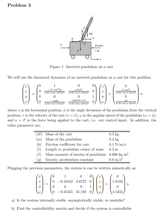 Problem 3 Figure 1: Inverted pendulum on a cart. We | Chegg.com