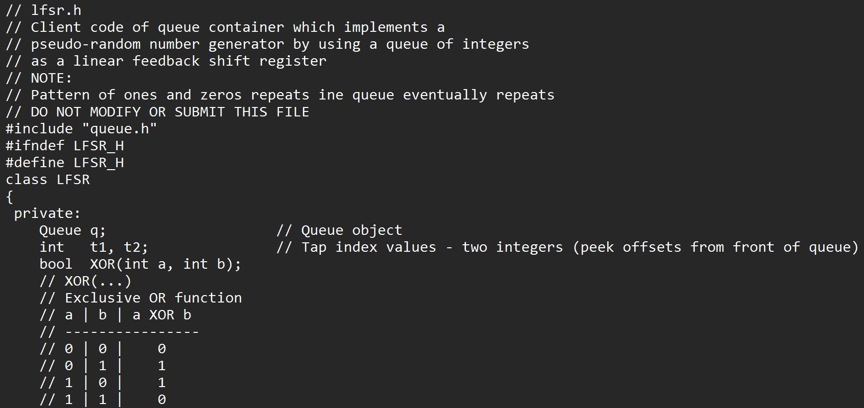 Solved Please create the C++ codes for the lfsr.cpp class | Chegg.com