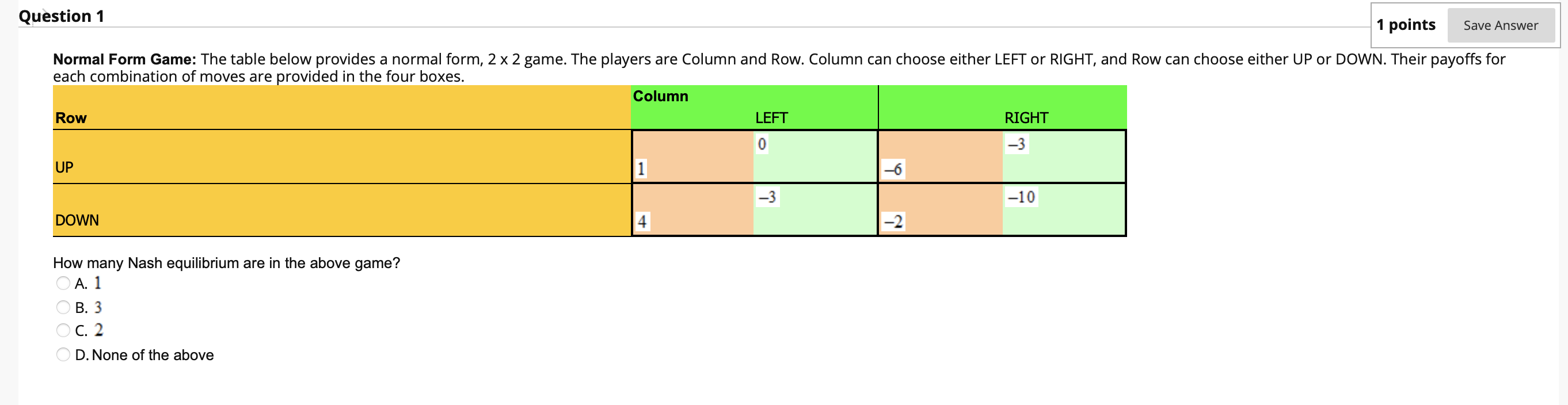 Solved Question 1 1 points Save Answer Normal Form Game: The | Chegg.com