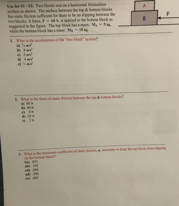 Solved Use for #1-#3: Two blocks rest on a horizontal | Chegg.com