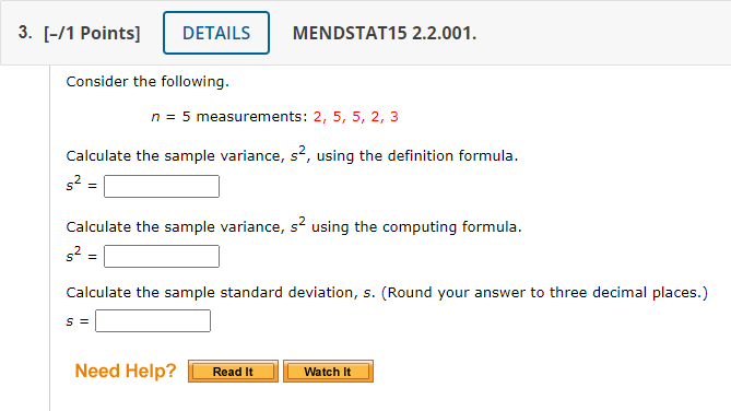 Solved Consider the following. n=5 measurements: 2,5,5,2,3 | Chegg.com