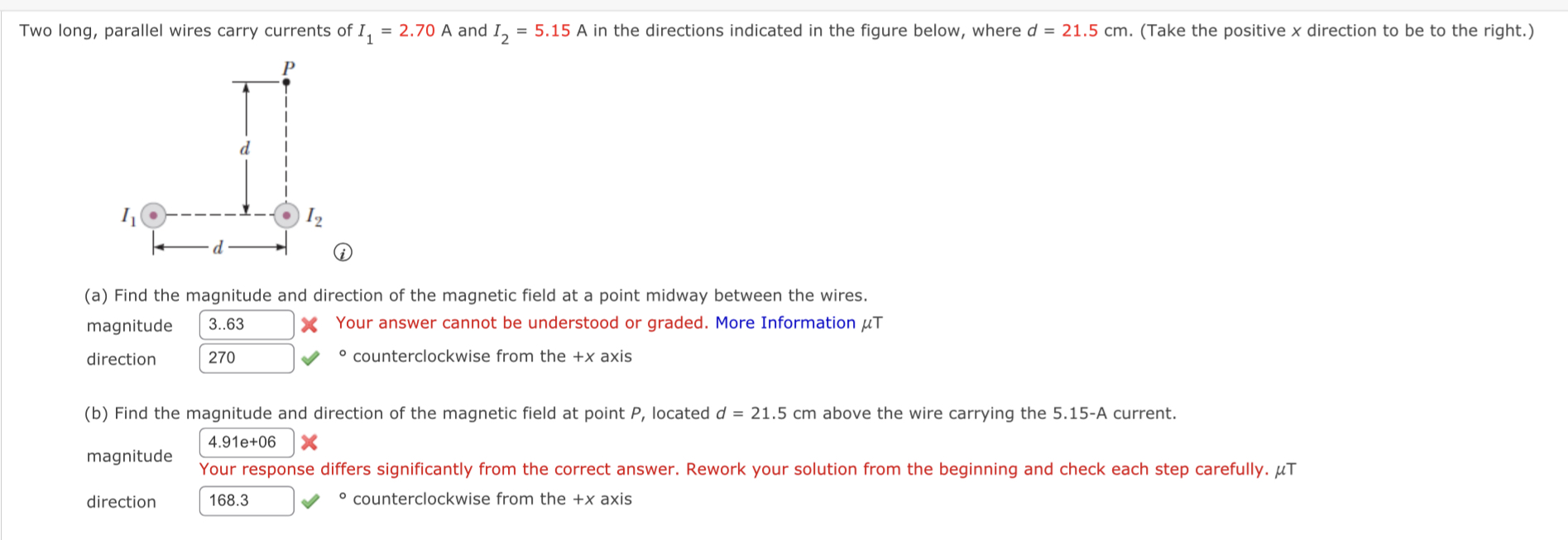 Solved Two long, parallel wires carry currents of I1=2.70 A | Chegg.com