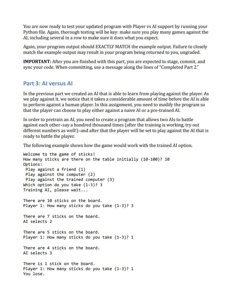 Solved Computational Problem: Game of Sticks AI In the game | Chegg.com