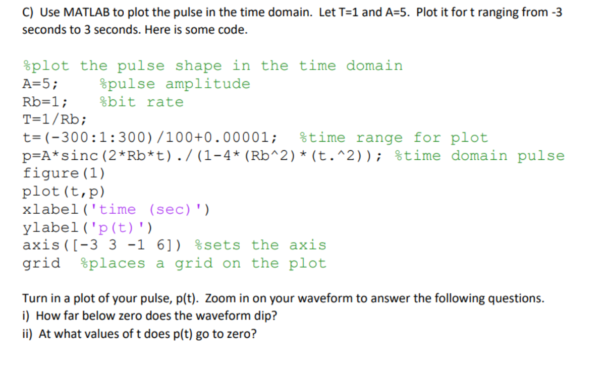 Solved C) Use MATLAB to plot the pulse in the time domain. | Chegg.com