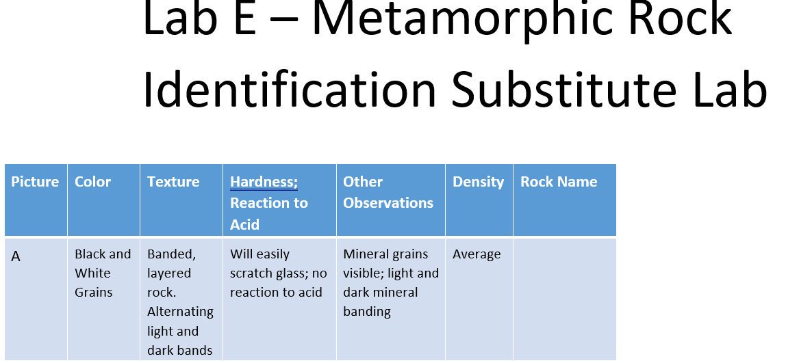 Solved Lab E– Metamorphic Rock Identification Substitute Lab | Chegg.com