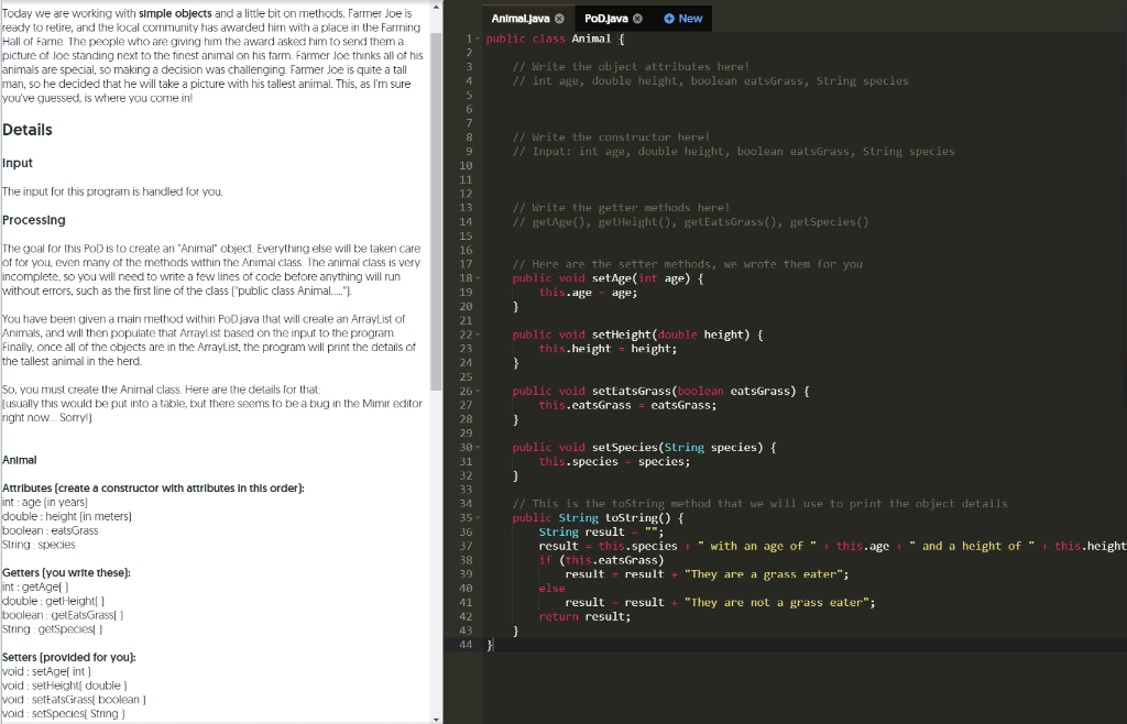 New Animal.java POD.Java 1. public class Animal { | Chegg.com