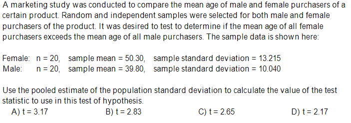Solved A marketing study was conducted to compare the mean | Chegg.com