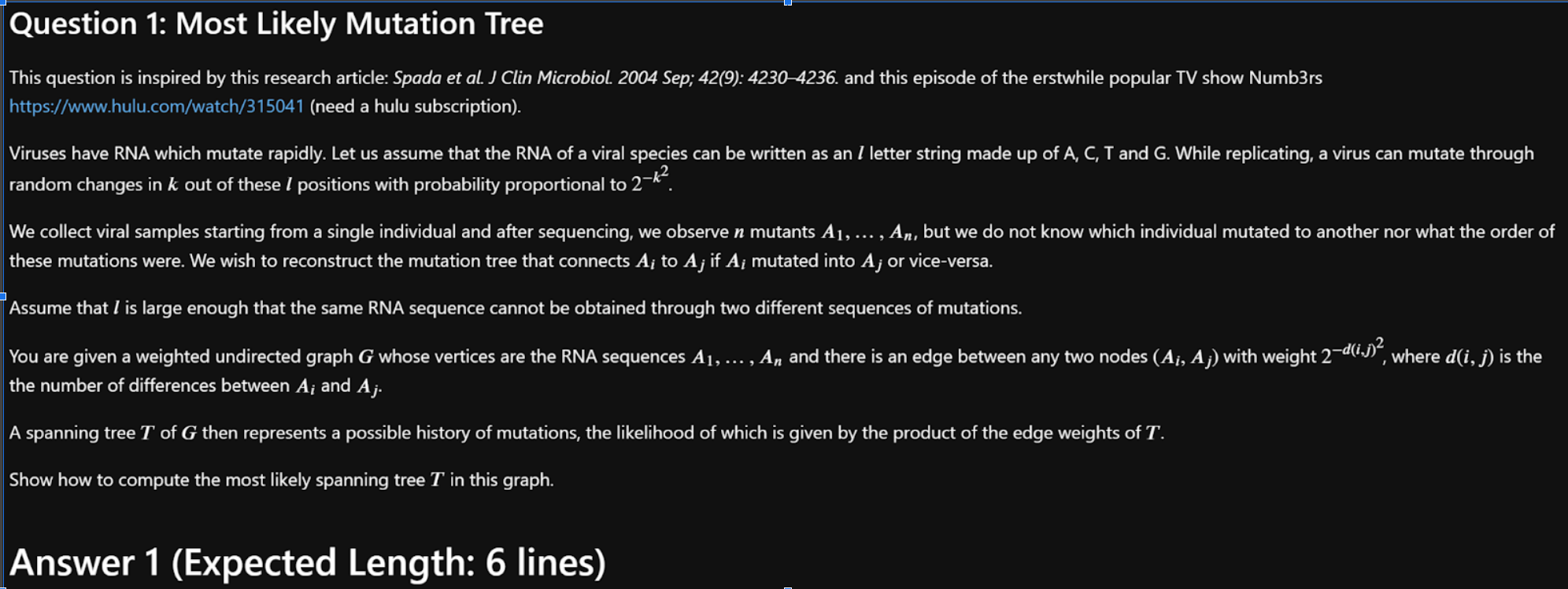 Question 1: Most Likely Mutation Tree This question | Chegg.com