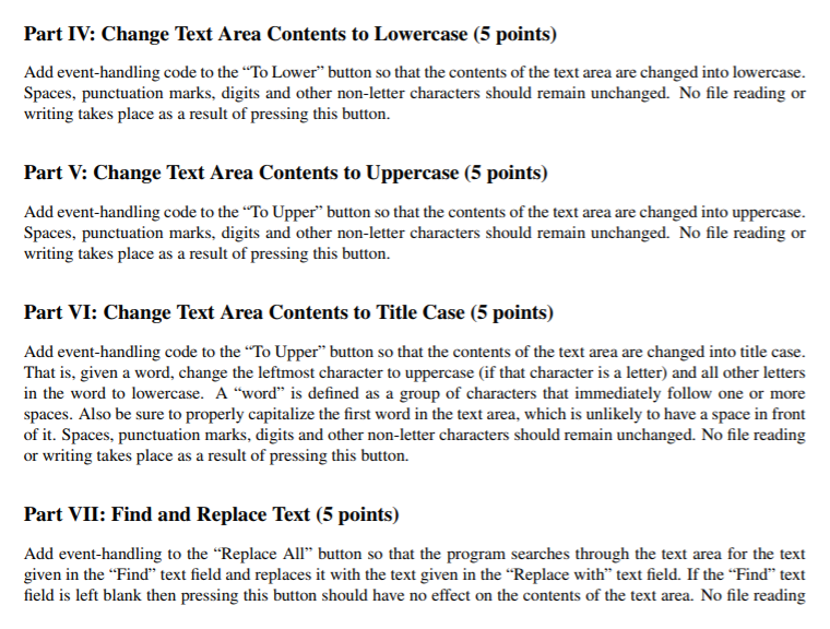 Part IV: Change Text Area Contents to Lowercase (5 points) Add event-handling code to the To Lower button so that the conte