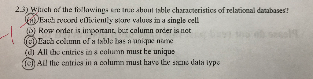 Solved 2.3 Which of the followings are true about table Chegg