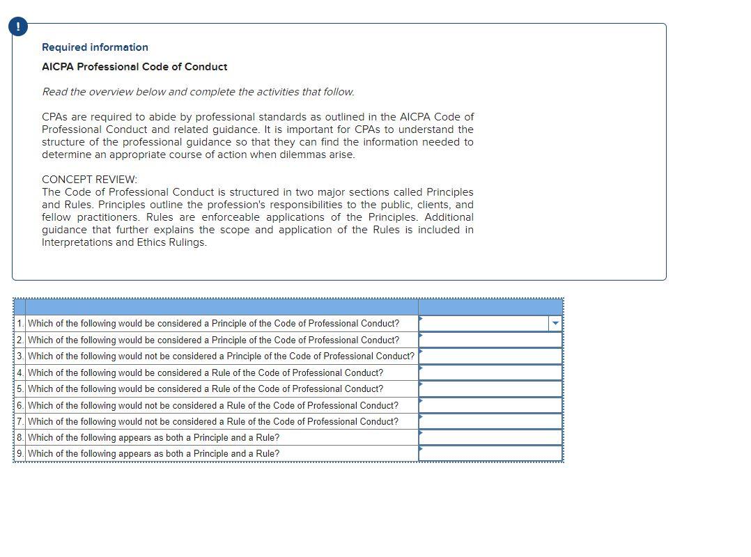 Required Information AICPA Professional Code Of | Chegg.com