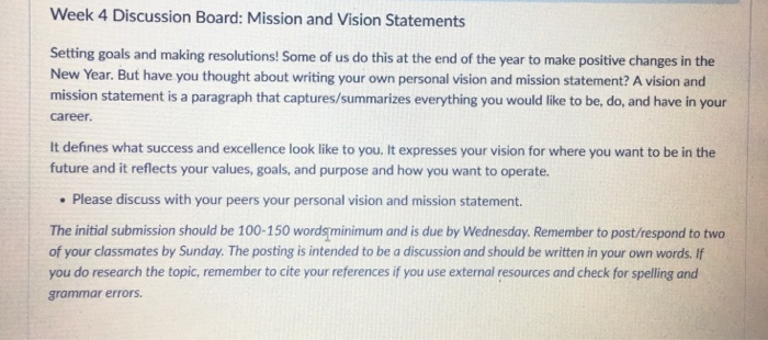 Solved Week 4 Discussion Board: Mission and Vision | Chegg.com