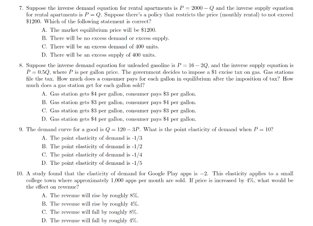 Solved 7. Suppose the inverse demand equation for rental