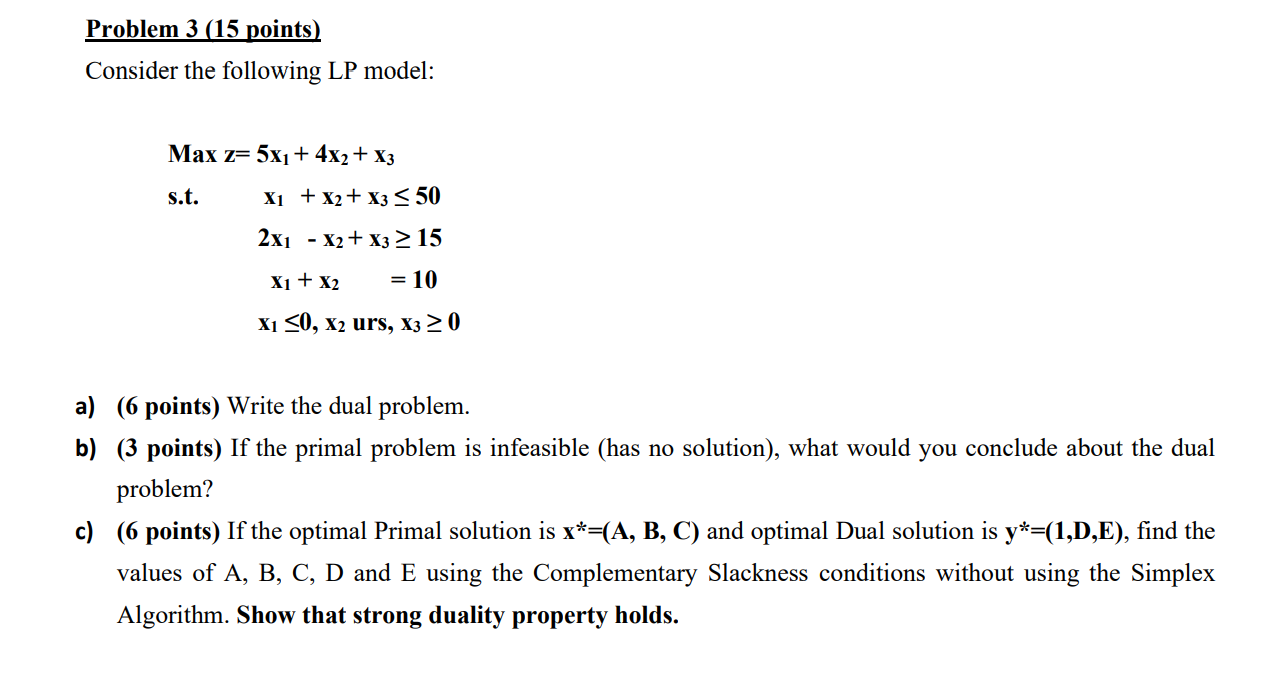 Solved Problem 3 (15 points) Consider the following LP | Chegg.com