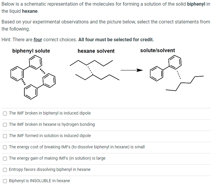 Below is a schematic representation of the molecules for forming a solution of the solid biphenyl in the liquid hexane.

Base