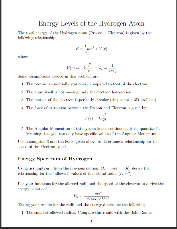 Solved Energy Levels of the Hydrogen Atom The total energy | Chegg.com