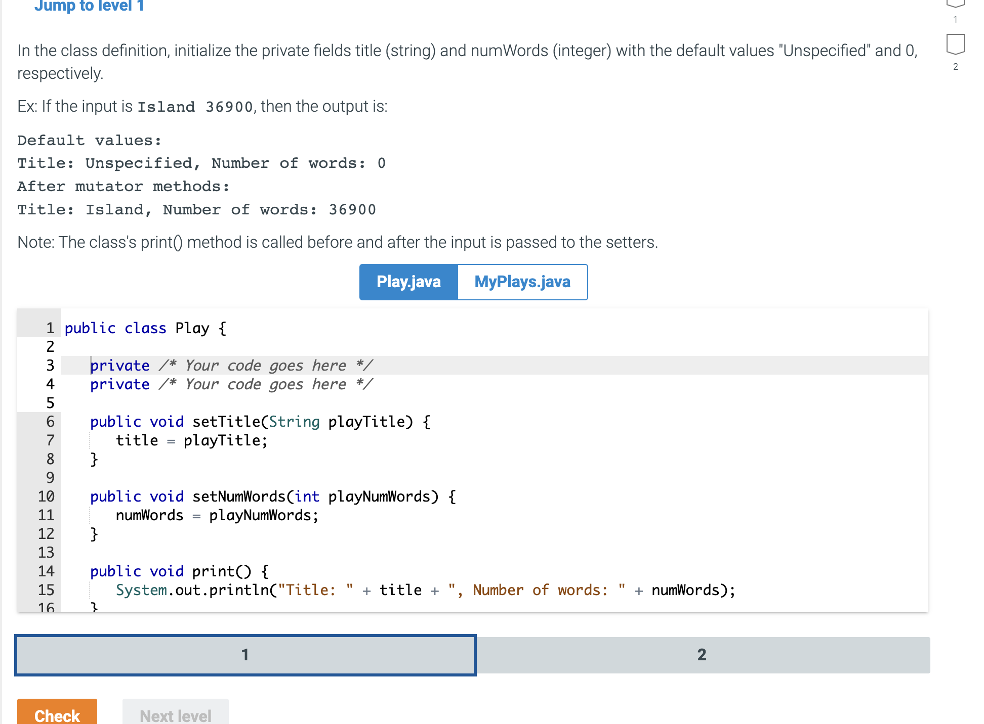 Solved In Java Please Myplays Java Code Is The Chegg Com