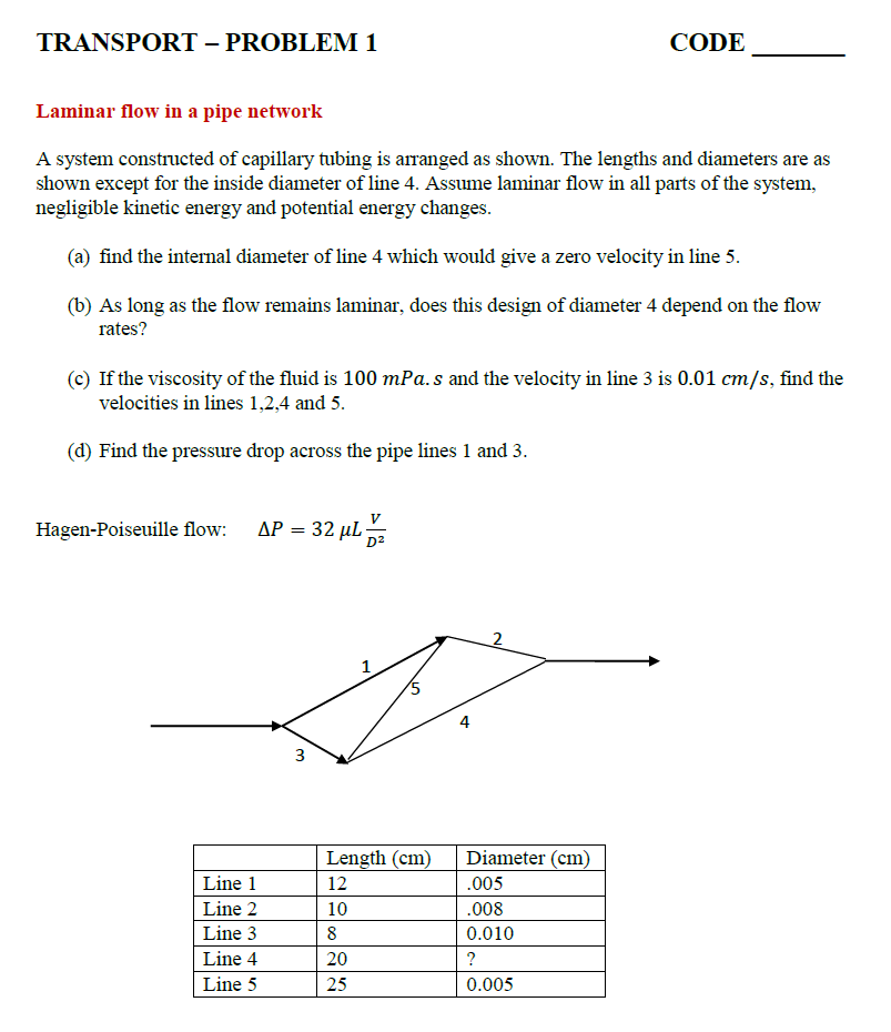 TRANSPORT - PROBLEM 1 CODE Laminar flow in a pipe | Chegg.com
