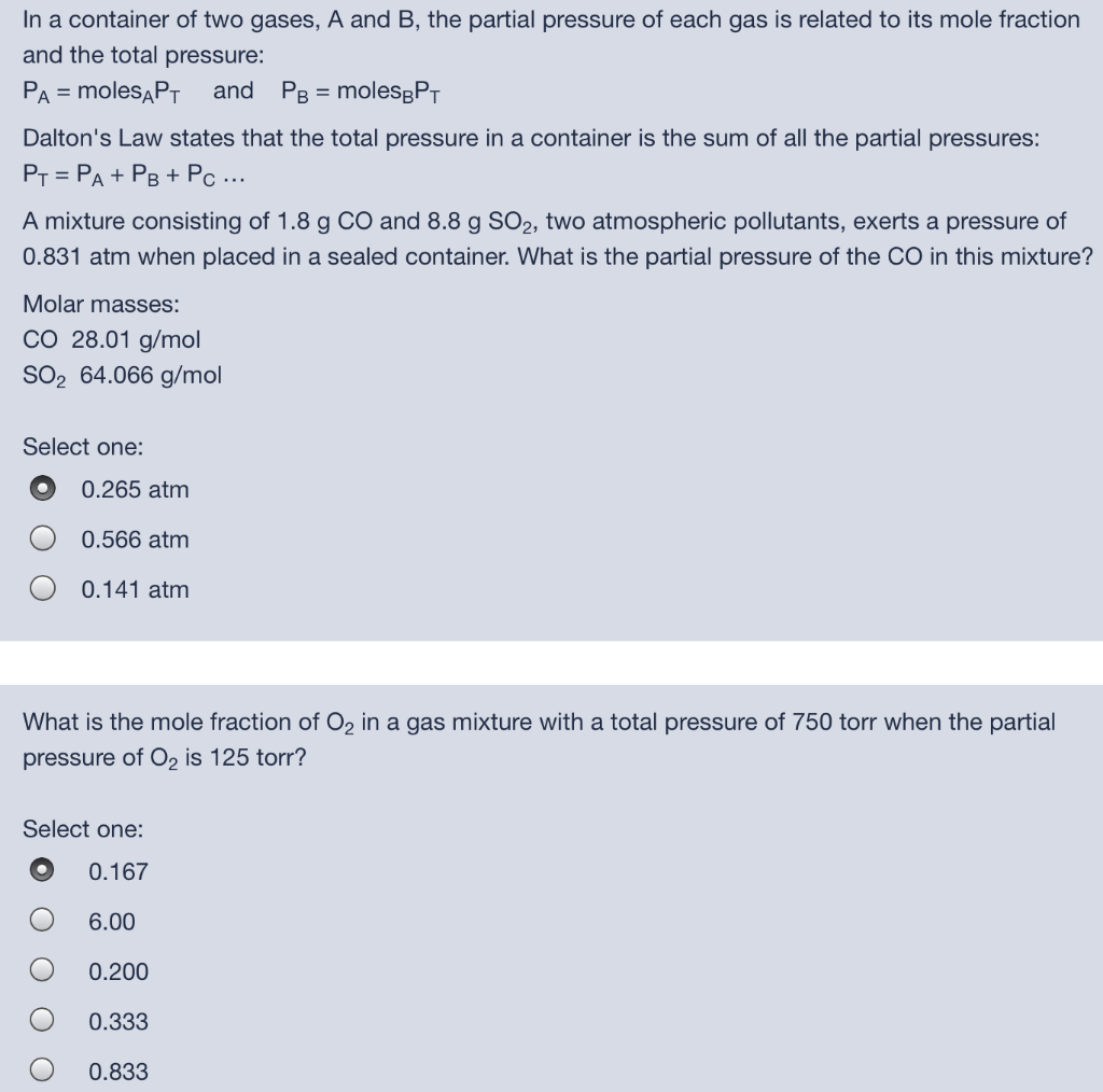 Solved In a container of two gases, A and B, the partial | Chegg.com