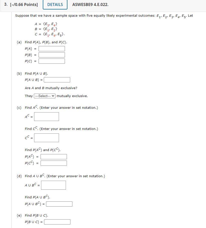 Solved Suppose that we have a sample space with five equally | Chegg.com