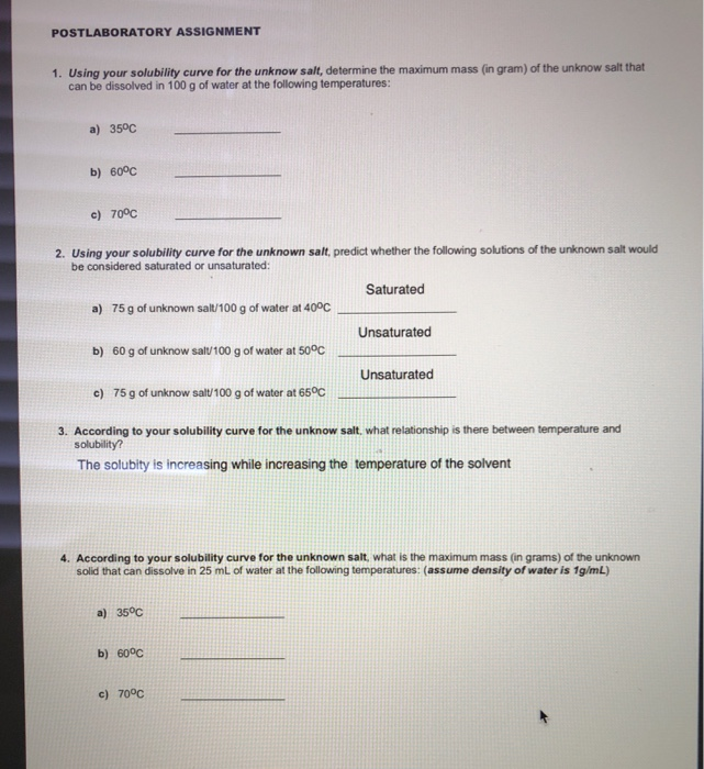 Solved POSTLABORATORY ASSIGNMENT 1. Using your solubility